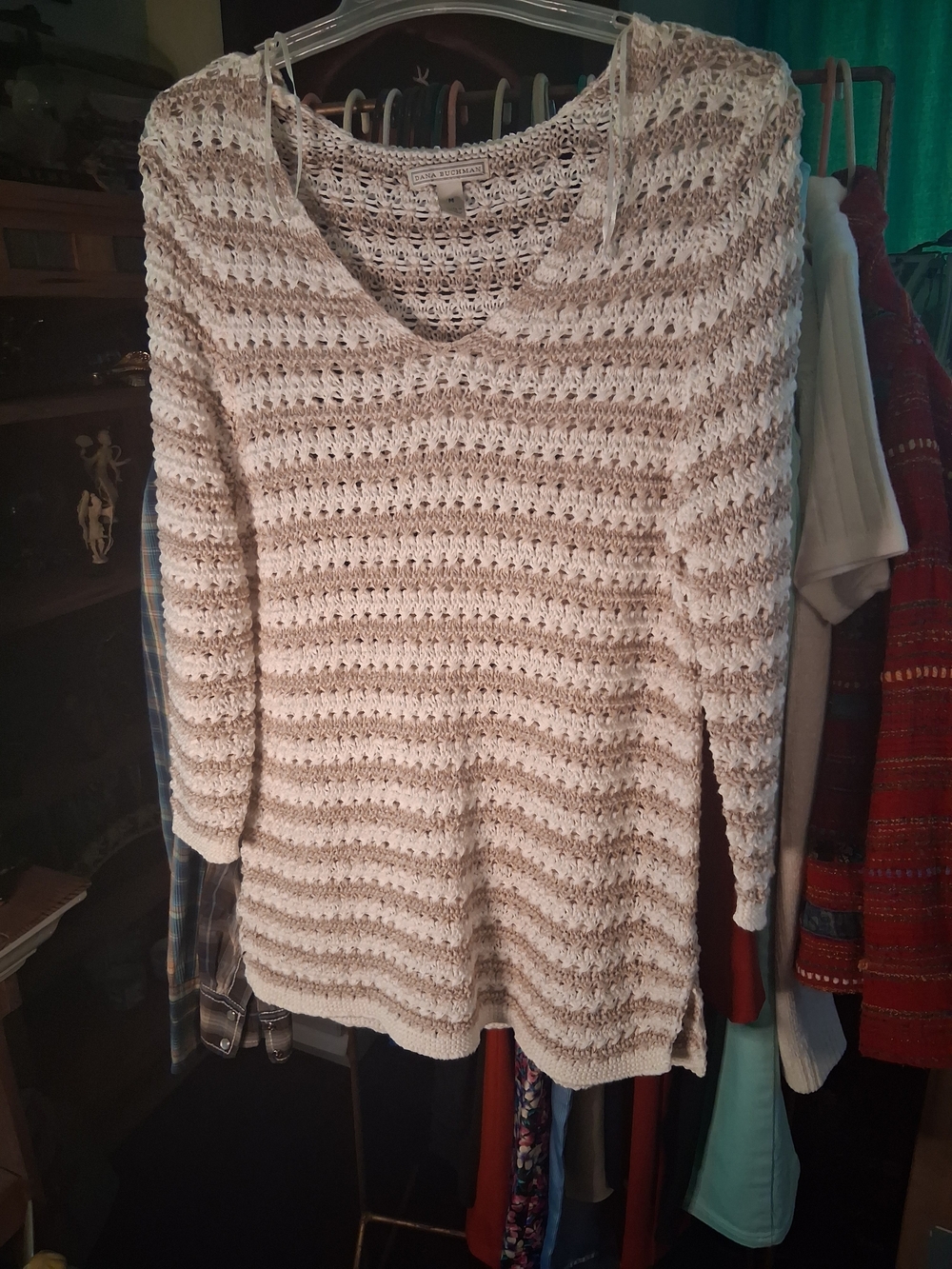 Dana Buchman Cream and Tan Open-Knit V-Neck Sweater